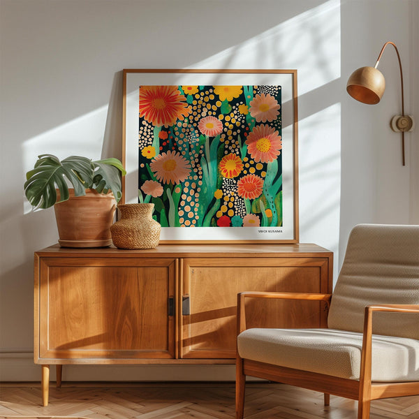 Colorful flowers print featuring polka dots and floral shapes in the style of Yayoi Kusama.