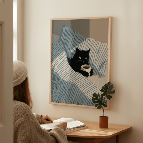 Poster Cat In Bed in blu e bianco, ideale per spazi abitativi rilassanti