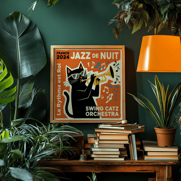 Stampa artistica Jazz Cat, arancione, nero, tonalità gialle, stampa artistica a tema jazz