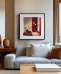 Stampa artistica minimalista su sfondo rosso in stile metà secolo per interni sofisticati