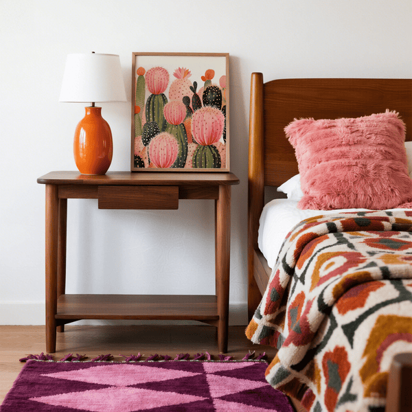 Poster per sala da pranzo con stampa di cactus rosa con sfumature di verde e arancione