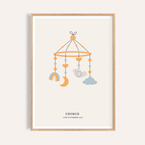 Poster personalizzato per neonati in blu, arancione e beige per decorare la cameretta dei bambini
