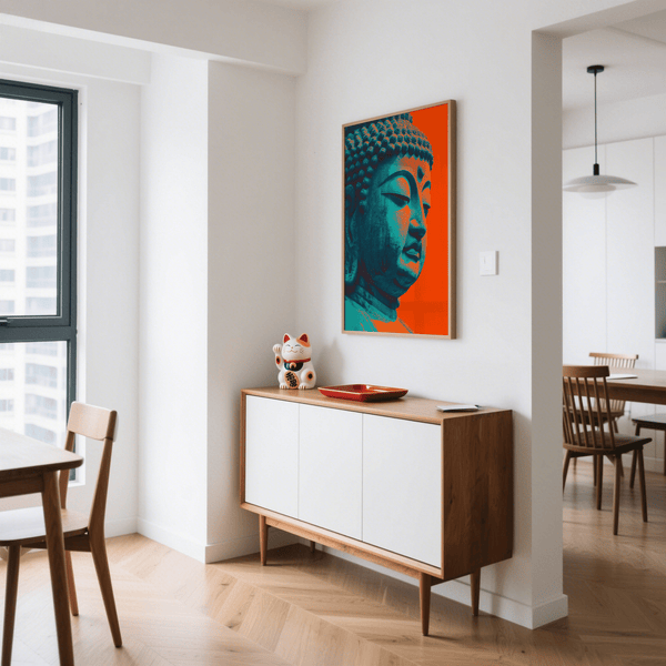 Modern Buddha Wall Art, blue/red design, home office print