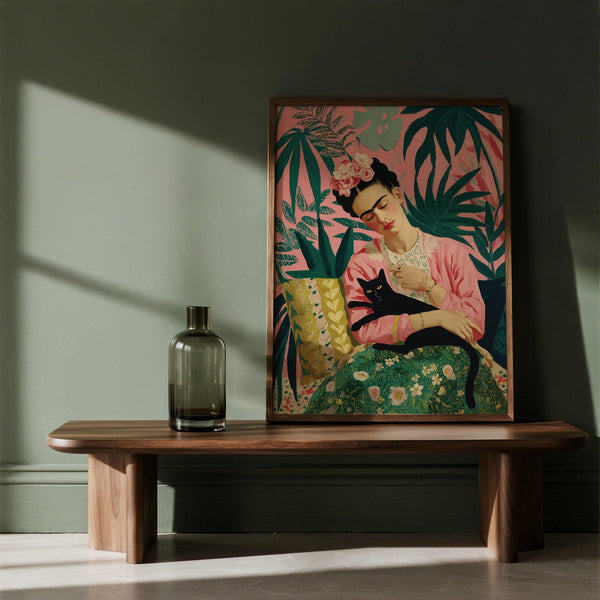 Tranquillo dipinto di Frida Kahlo in un giardino con muro rosa e foglie verdi.