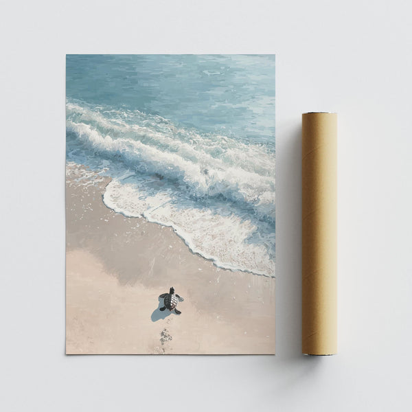 Turtle Print of a young turtle journeying toward the ocean.