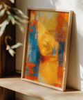 Abstract face composition in blue and orange abstract art print with a modern edge.