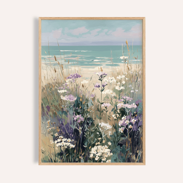 Stampa Wildflower Beach con tonalità marroni e blu per decorare le pareti del soggiorno