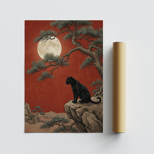 Black Panther Moon Print with Red, Black, and Yellow contrast for modern living area