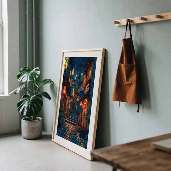 Disegno tradizionale giapponese raffigurante vecchie vetrine e lanterne