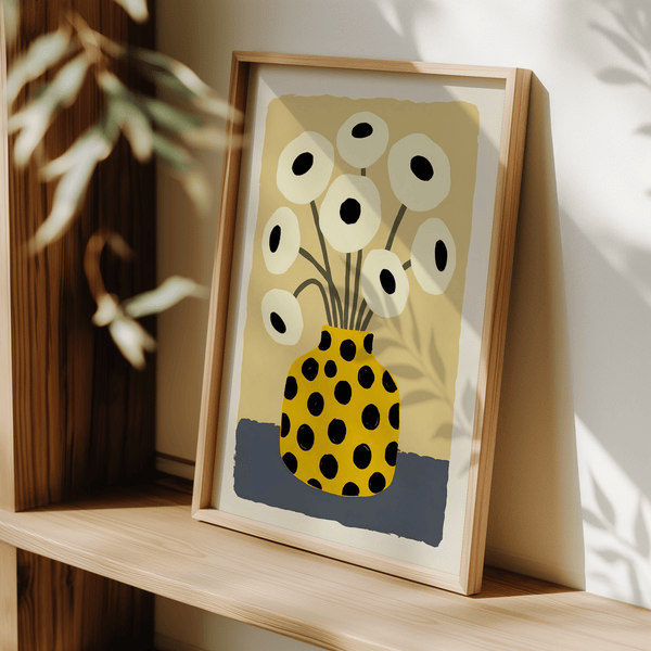 Poster con vaso giallo nei toni del giallo, nero, beige e blu per il corridoio