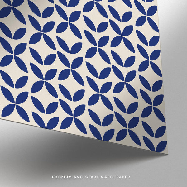 Arte murale astratta e semplice che utilizza forme blu simmetriche ispirate al Bauhaus.