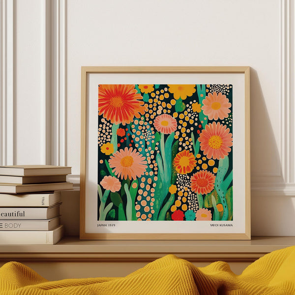 A flowers print with Yayoi Kusama inspired dots and bold orange blooms in an abstract garden.