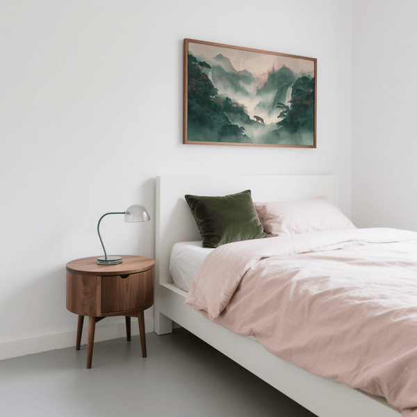 Poster decorativo verde e rosa con paesaggio di tigri per l'arredamento della camera da letto