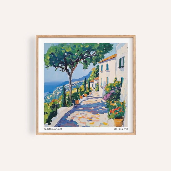 Arte di Ravello ispirata a Matisse con vasi di terracotta e vista sul mare.