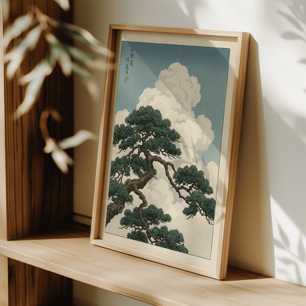 Poster paesaggio giapponese, cielo blu e accenti beige, per un salotto tranquillo