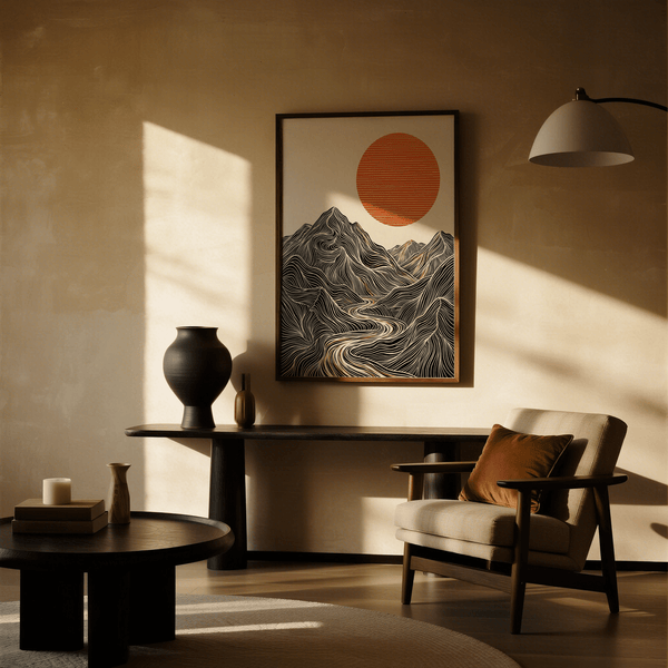 Arte contemporanea astratta sulla natura in beige con sole arancione, poster per sala da pranzo