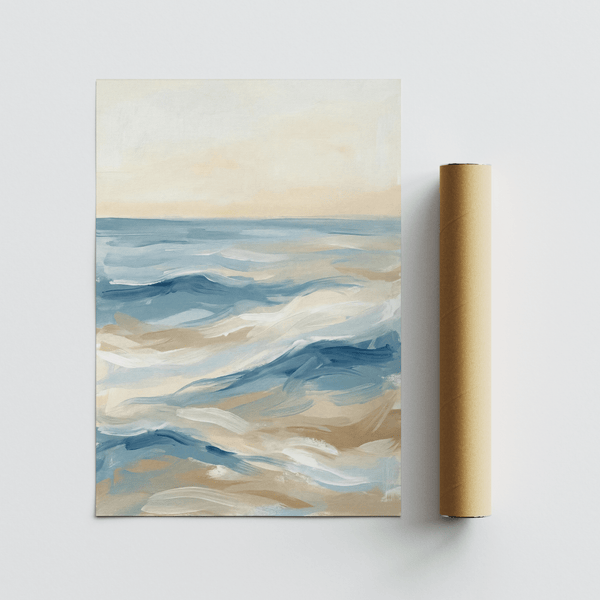 Calming Ocean Wave Art Print featuring blue, white, and beige for office wall art