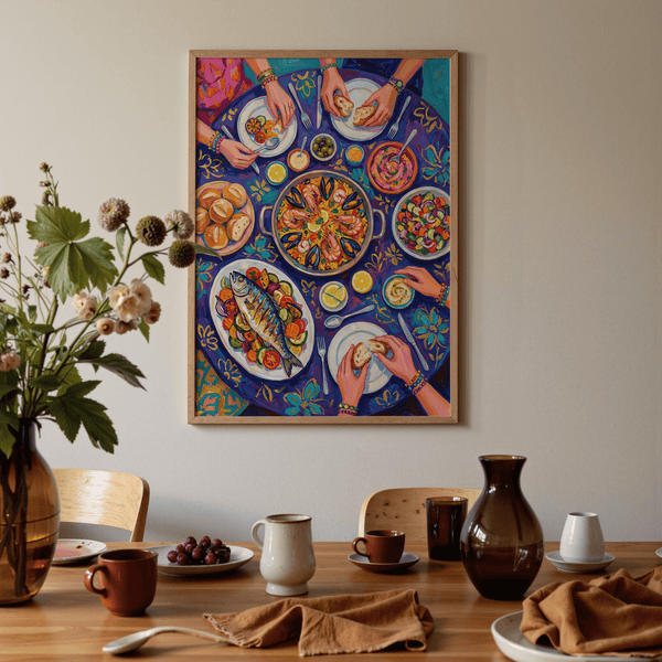 Stampa artistica multicolore dedicata al cibo, adatta alla cucina o alla sala da pranzo