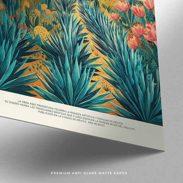 Foglie di agave verde acqua intenso e cielo luminoso in una stampa artistica raffigurante un paesaggio messicano.