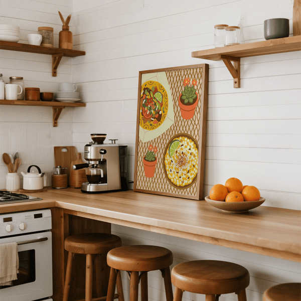 Soggiorno Taco Wall Art, giallo e marrone, stampa artistica colorata da parete