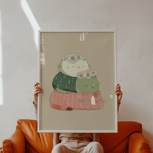 Stampa artistica con gatti sovrapposti in verde e rosa per la cameretta dei bambini