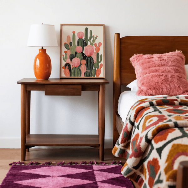 Contemporary Cactus Print showing green and orange cacti for dining room