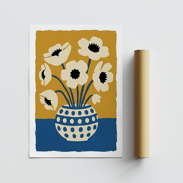 Stampa artistica floreale per l'ufficio domestico, design con vaso blu