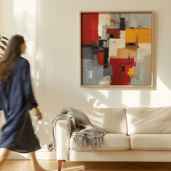 Modern Colorful Abstract Poster Art with red, yellow, and gray for office decor