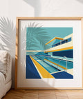 Stampa artistica da piscina nei toni del blu e del giallo