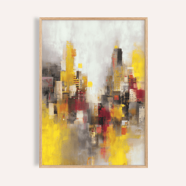Stampa artistica astratta di paesaggio urbano con colori giallo, rosso e grigio per decorare le pareti del soggiorno
