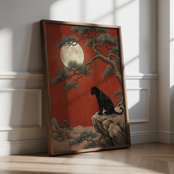 Black Panther Moon Print emphasizing Black figure and Beige cliffs for minimalist room