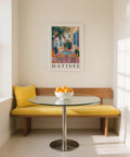 Citrus branches and a breakfast table in this lively wall art Mediterranean poster.