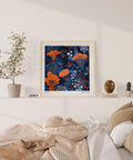 Graphic Blue Orange Wall Art with coral stems and Kusama-inspired patterns.