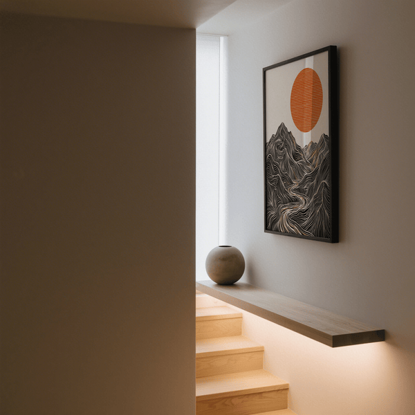 Poster artistico astratto moderno con motivi naturali in nero, beige e arancione per l'ufficio