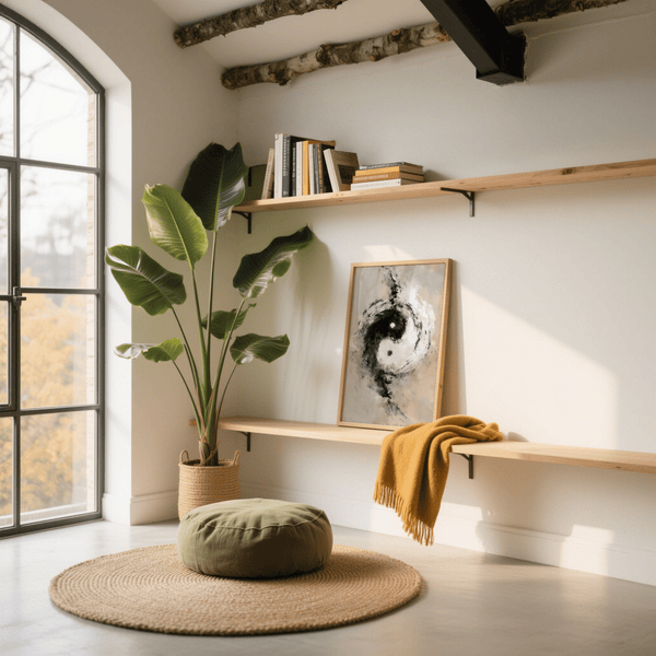 Poster astratto Yin Yang Art Beige Nero equilibrio per l'arredamento di uno studio di yoga