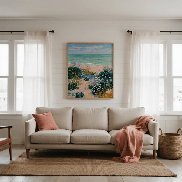 Stampa floreale costiera, tonalità blu, viola e beige, decorazione da parete per sala da pranzo