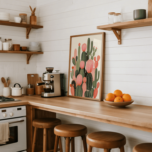 Modern Cactus Print with green and orange hues for hallway art print