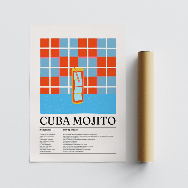 Illustrazione di un mojito in un bicchiere alto presente nella ricetta stampata del mojito cubano.