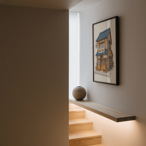 Arte giapponese da caffetteria, dettagli arancioni, stampa di un'accogliente sala da pranzo