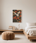 Stampa artistica Crane Floral in rosso, bianco, beige e verde per l'arredamento della camera da letto