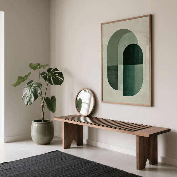 Stampa poster astratta in tonalità verde, verde e beige per la sala da pranzo