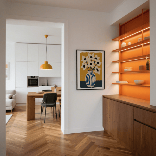 Stampa artistica con fiori blu e bianchi per un angolo lettura accogliente