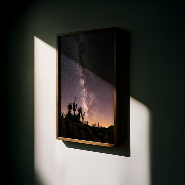 Cactus Night Print wall art silhouette with starry sky for hallway, Black, Pink, Purple, Yellow