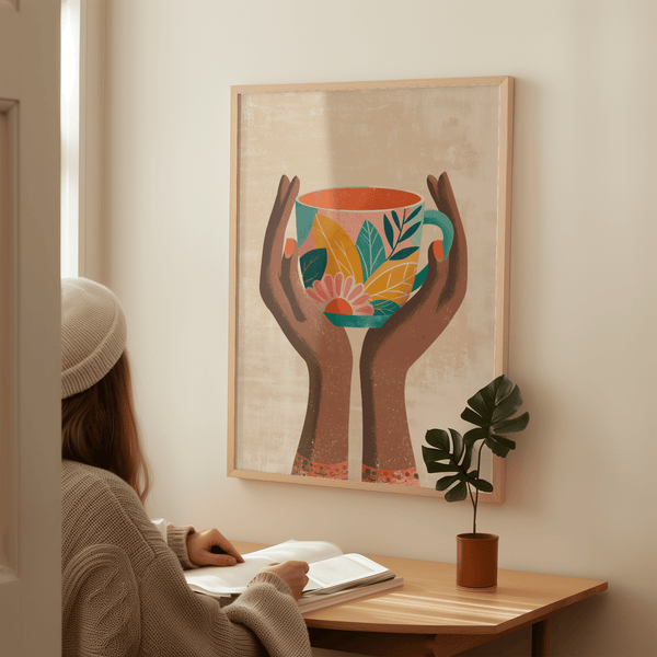 Stampa artistica su tazza colorata per decorare il soggiorno con accenti marroni e verde acqua