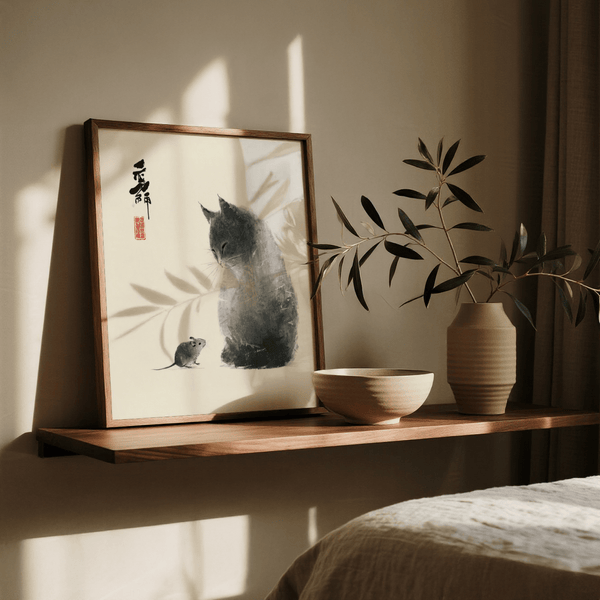 Stampa artistica minimalista con gatto e topo in grigio e bianco da appendere in camera da letto