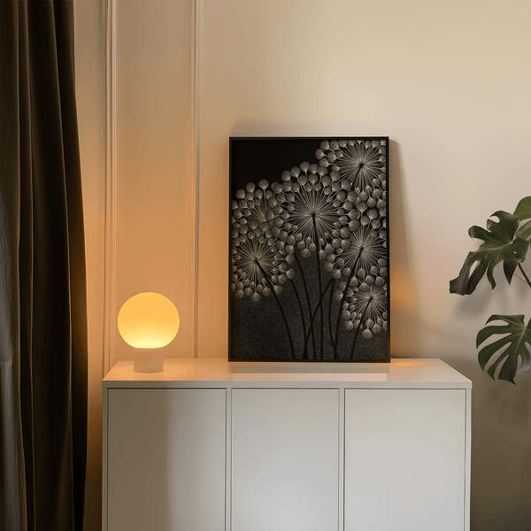 Stampa botanica Dandelions Wall Art in nero per la parete dello spazio di lavoro
