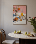 Breakfast Wall Art with coffee and pastry design for kitchen wall print in multicolored style