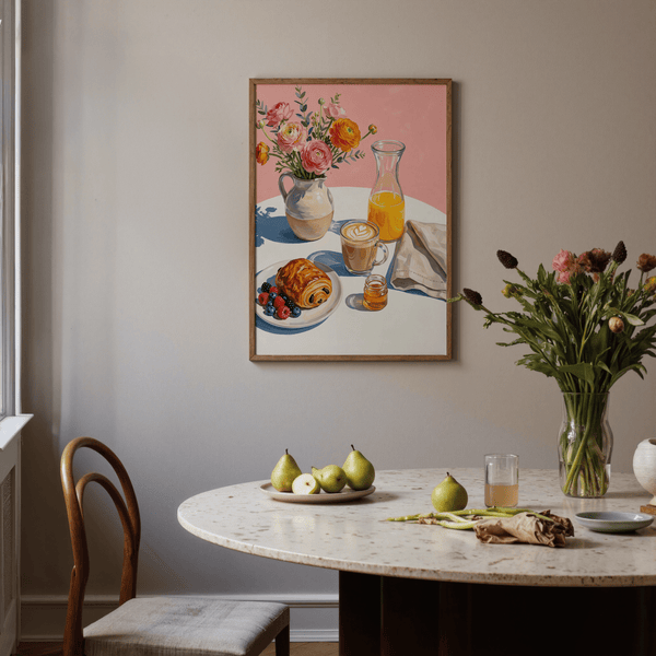 Breakfast Wall Art with coffee and pastry design for kitchen wall print in multicolored style