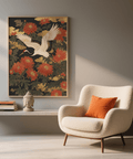 Stampa artistica floreale Crane con colori rosso, bianco e verde per l'atmosfera del soggiorno
