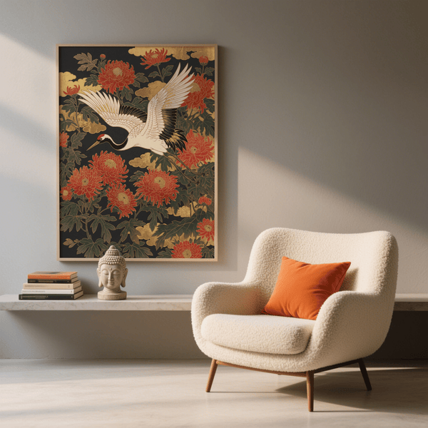 Stampa artistica floreale Crane con colori rosso, bianco e verde per l'atmosfera del soggiorno